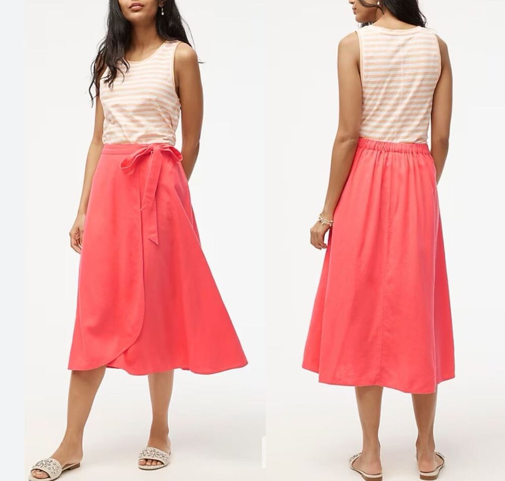 J.Crew Linen Blend Faux Wrap Midi Skirt XXS Coral Pink Summer Coastal Vibrant